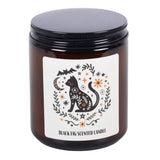 Brown candle jar with decorative label featuring a cat design on a white background