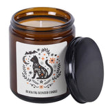 Brown candle jar with decorative label featuring a cat design on a white background