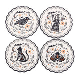 Set of four decorative plates with intricate designs of a bird, woman, cat, and moth on a white background.