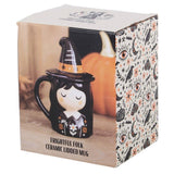 Halloween-themed ceramic mug with witch design in packaging
