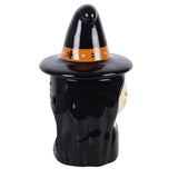 Black ceramic jar with a witch hat design on a white background