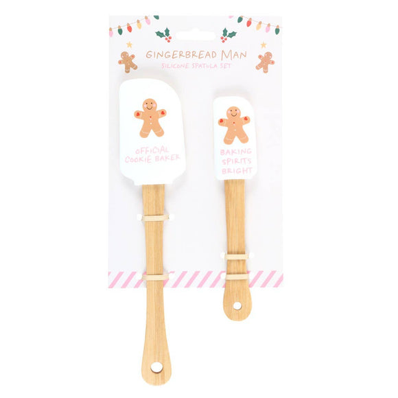 Set of wooden cookie cutters with gingerbread man design on packaging