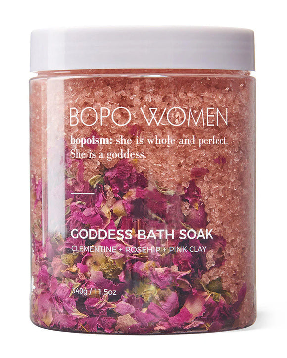 BOPO Women Goddess Bath Soak jar with floral elements on a white background