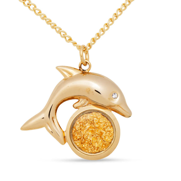 Gold dolphin pendant necklace on a white background