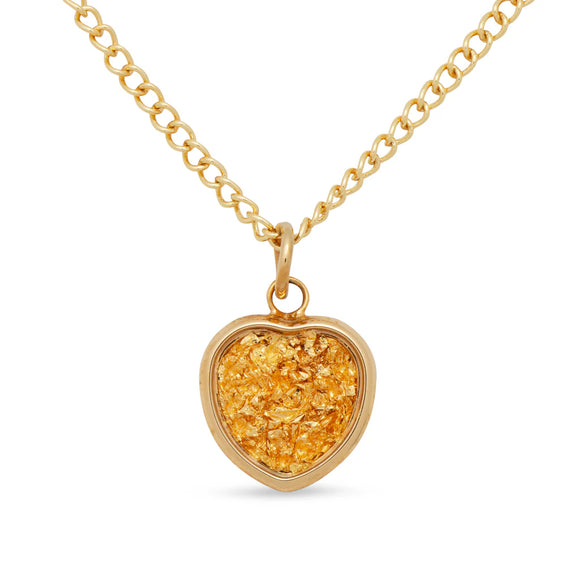 Gold heart-shaped pendant necklace on a white background