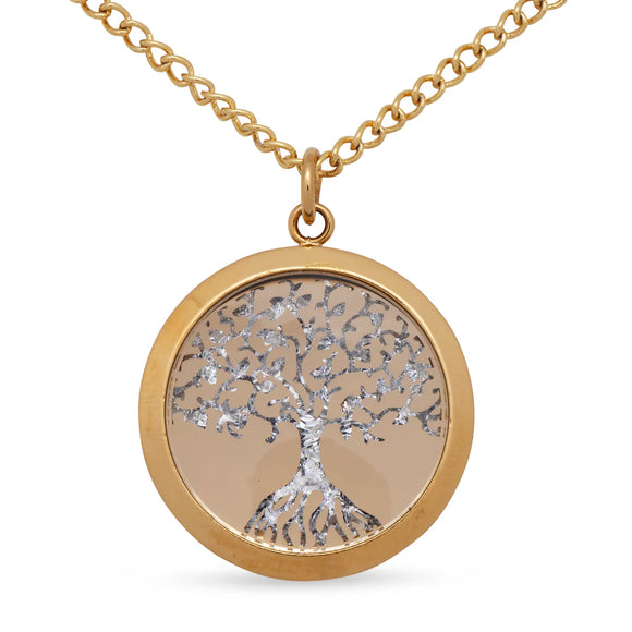 Gold necklace with a tree of life pendant on a white background