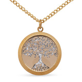 Gold necklace with a tree of life pendant on a white background