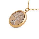 Gold necklace with a round pendant on a white background