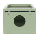 Light green cat house with a round entrance on a white background