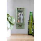 Green wall-mounted bottle opener with 'Welcome to my bar' text on a light gray wall.
