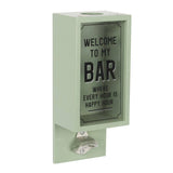 Green bottle opener with 'Welcome to my bar' text on a white background