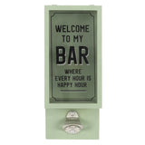 Green wall-mounted bottle opener with 'Welcome to my bar' text on a white background