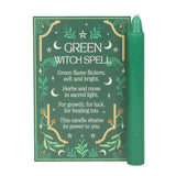 Green candle with decorative packaging featuring text and illustrations on a white background