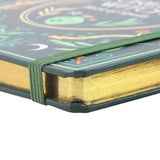 Close-up of a notebook with green elastic band closure on a white background