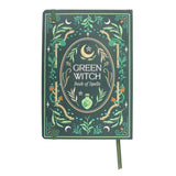 Decorative notebook titled 'Green Witch Book of Spells' with green and gold design on a white background