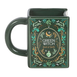 Green mug with 'Green Witch Book of Spells' design on a white background