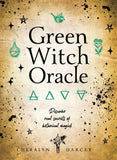 Book cover of 'Green Witch Oracle' with mystical symbols and text on a gold background.