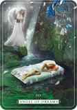 Card featuring an angel and a person lying on a bed with a dreamcatcher above, titled 'Angel of Dreams'.