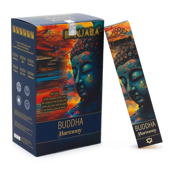 Bauara Buddha Harmony incense packaging with colorful design and Buddha face illustration.