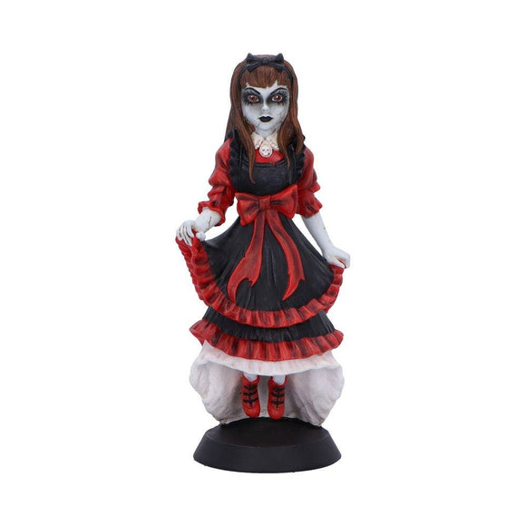 Statue of a character in a red and black dress with white accents on a white background