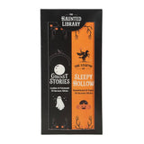 Box of 'The Haunted Library' incense sticks with Halloween-themed designs on a white background.