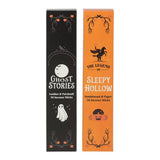 Two Halloween-themed incense stick boxes, one black and one orange, on a white background.