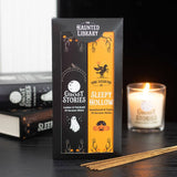 Box of 'The Legend of Sleepy Hollow' incense sticks from 'The Haunted Library' with books and a candle in the background.
