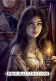 Illustration of a woman holding a lamp with a black cat on a shelf in the background, labeled 'Procrastination'.