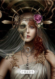 Artistic depiction of a woman with a skull and floral headpiece, labeled 'Pride'.