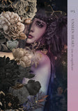 Artistic depiction of a person surrounded by flowers with text on a dark background