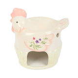 Ceramic chicken-shaped birdhouse with floral design on a white background