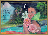 Artistic depiction of a woman with flowers and nature elements, with text about beauty.