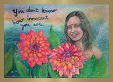 Artistic depiction of a woman with flowers and text 'You don't know how innocent you are' on a colorful background.