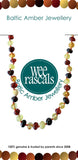 Colorful Baltic Amber necklace with 'Wee Rascals' branding on a white background