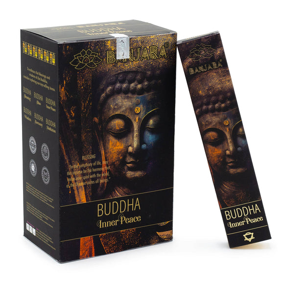 Buddha-themed incense packaging with 'Banjara' branding on a white background