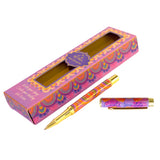 Colorful pen set with decorative packaging on a white background