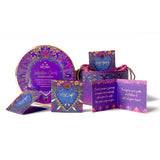 Set of colorful cards and a circular product on a white background