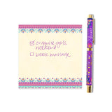 Notepad with decorative border and pen on a white background