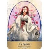 Card featuring a character in traditional attire with floral elements and text '9 Boshin Forgiveness; acceptance' on a white background.
