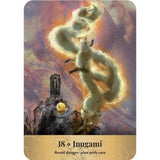 Card featuring a fox-like creature with a mystical background and text '18 Inugami Avoid danger: plan with care'.