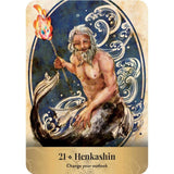 Illustration of a mythological figure holding a torch with decorative elements and text '21 Henkashin Change your outlook'.