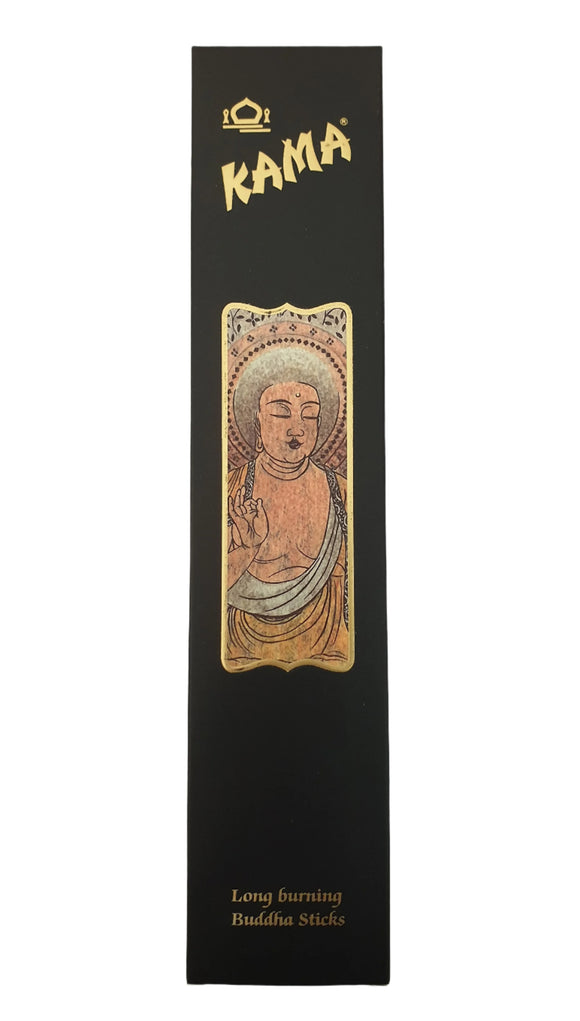 Kama incense stick packaging with Buddha illustration on a light gray background
