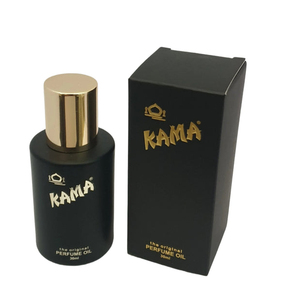 Black Kama perfume bottle and packaging on a white background