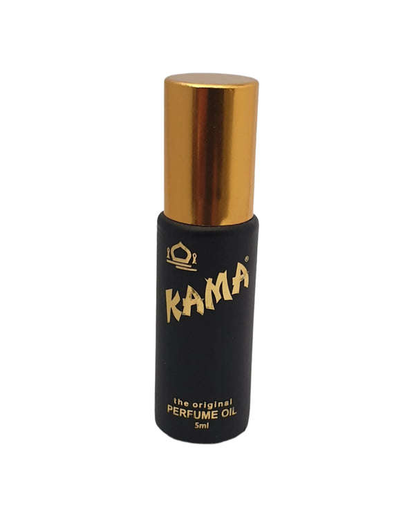 Black and gold perfume oil bottle with 'Kama' branding on a white background