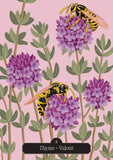 Illustration of wasps on purple flowers with green leaves against a pink background