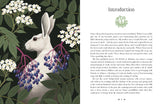 Illustration of a rabbit among flowers and leaves with text on a dark background
