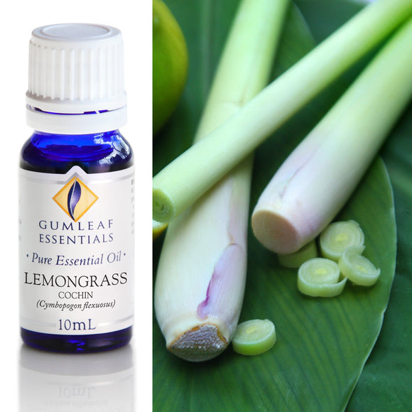Bottle of Gumleaf Essentials Lemongrass essential oil with fresh lemongrass on a green leaf background