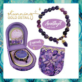 Amethyst and gold bracelet with a keepsake jewelry case on a decorative background
