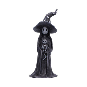Black witch figurine with a hat and a small black cat on a white background
