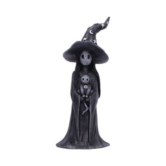 Black witch figurine with a hat and a small black cat on a white background